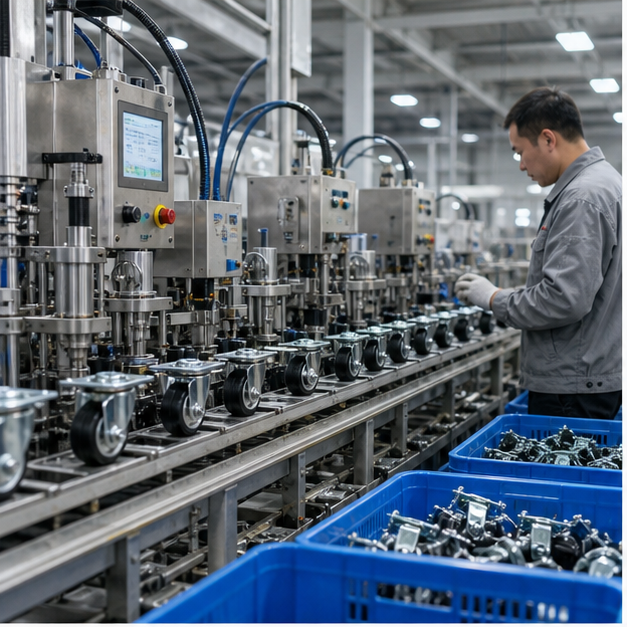 Realistic automated caster wheel production line in XIN JIE factory