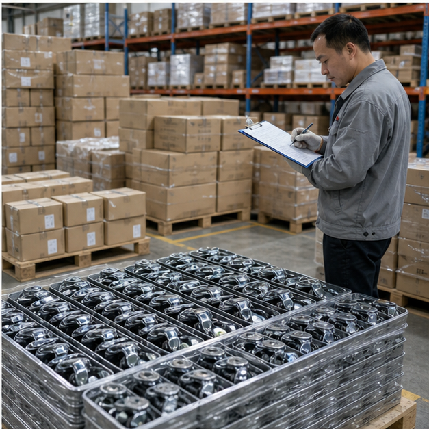 Realistic export packing area for caster wheel shipment